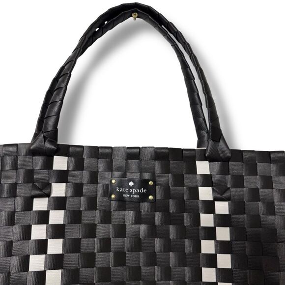 Kate Spade Large Black White Woven Tote Bag Top Handle Shopper - Picture 5 of 8